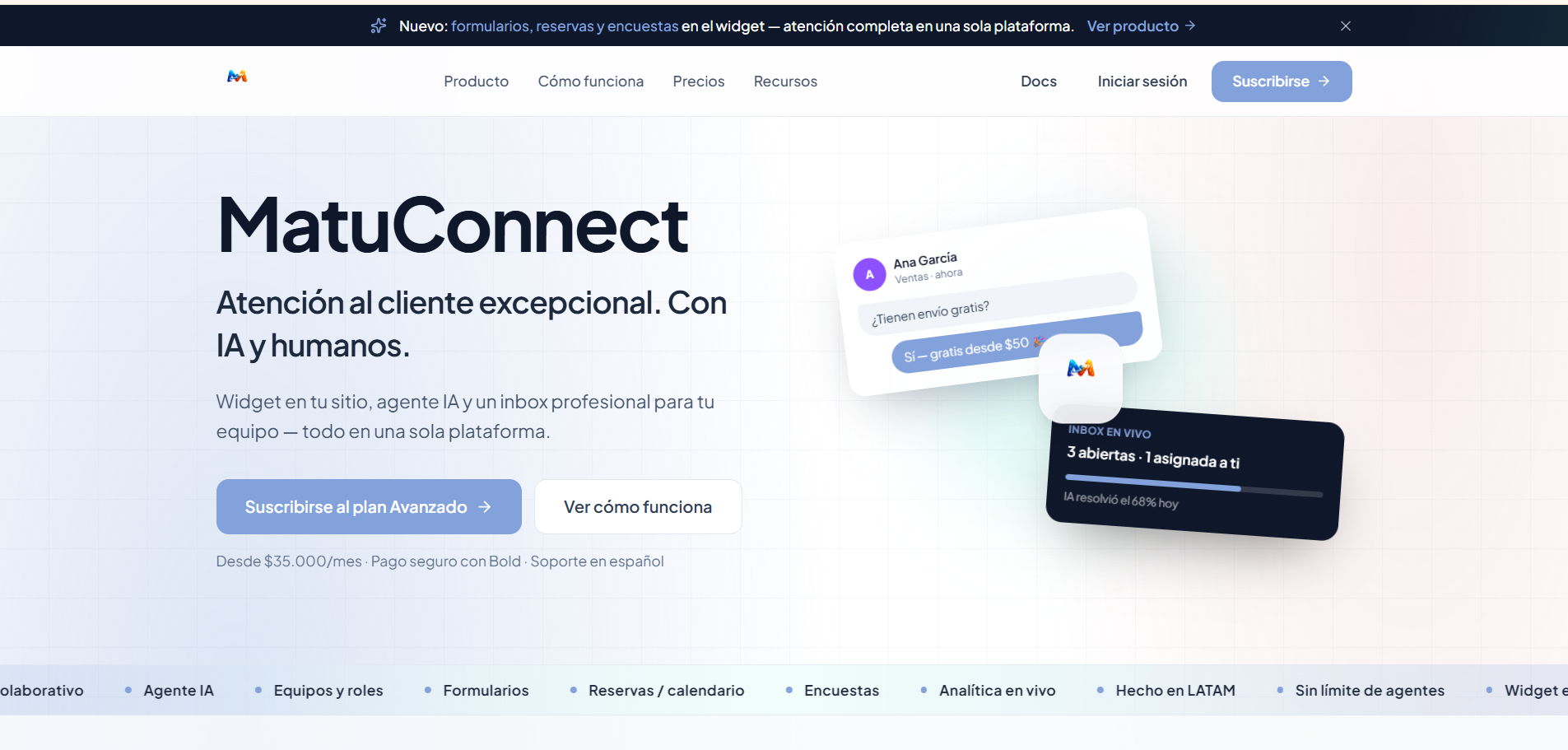 MatuConnect — Chat en vivo y soporte Dashboard de MatuConnect MatuByte con chat en vivo y agentes IA