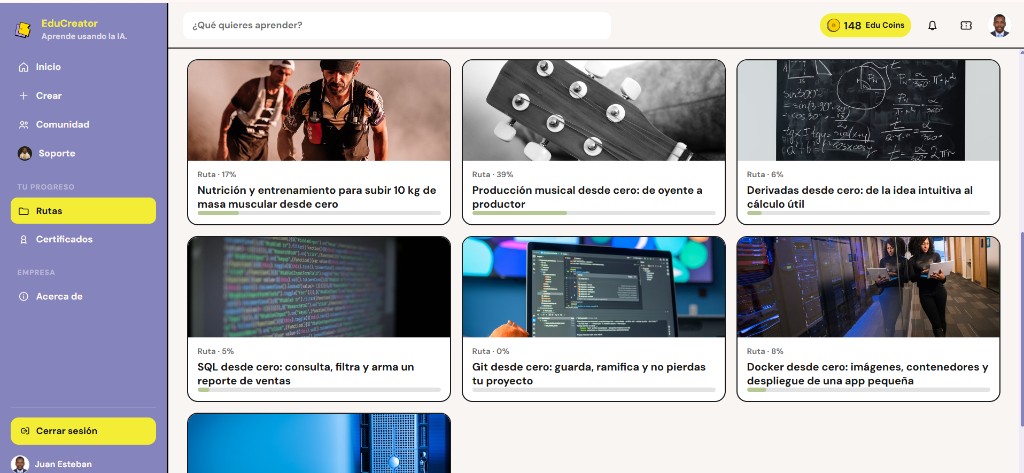 EduCreador — Rutas para aprender con IA Inicio de EduCreador con buscador, Edu Coins y rutas de aprendizaje