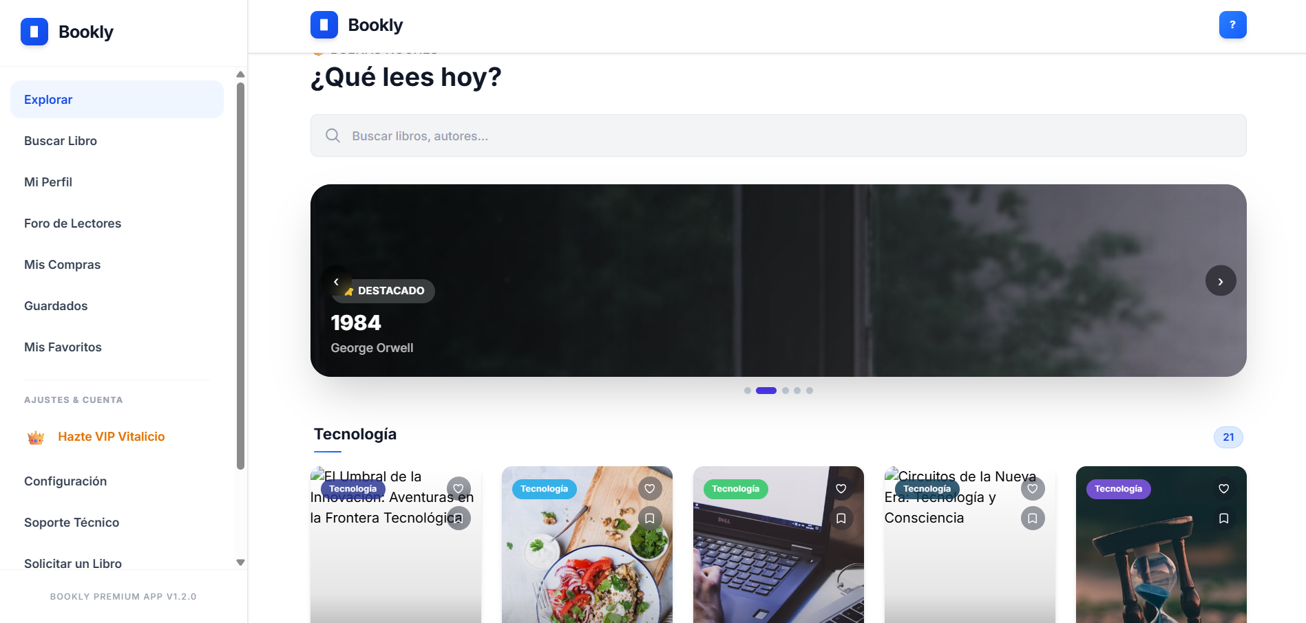 Captura de Bookly MatuByte con biblioteca de libros digitales y cursos