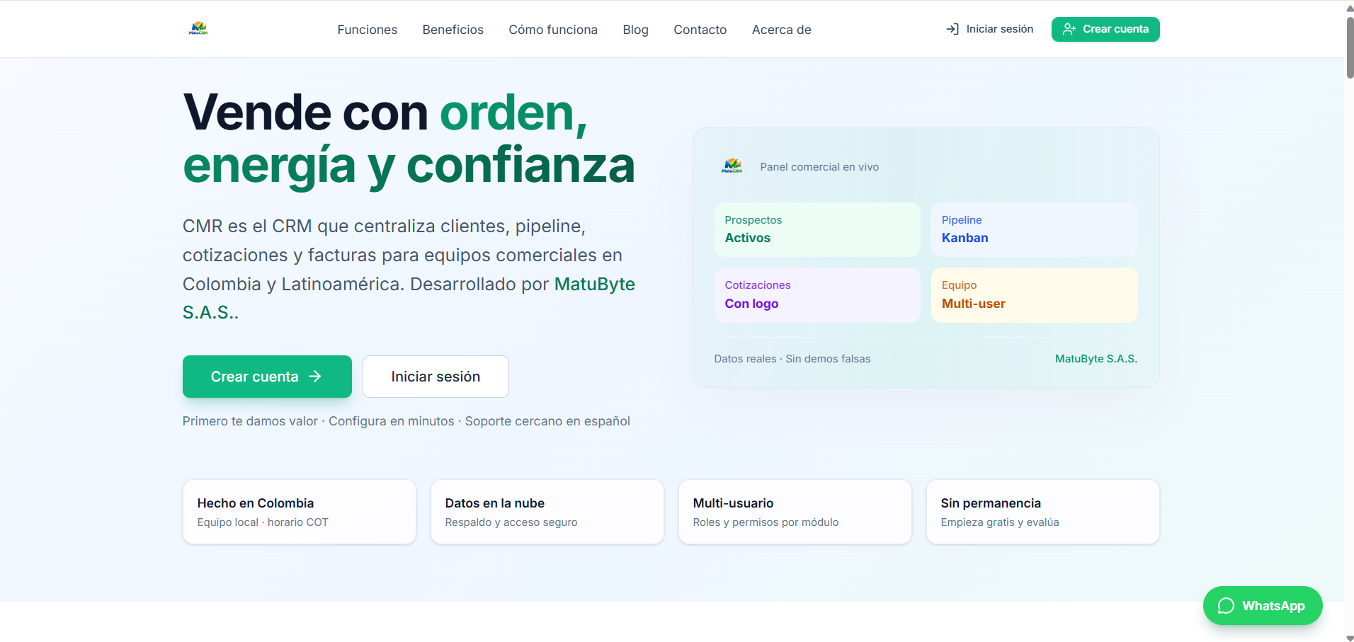 CMR — CRM de ventas MatuByte Captura del CRM CMR de MatuByte con pipeline de prospectos y cotizaciones