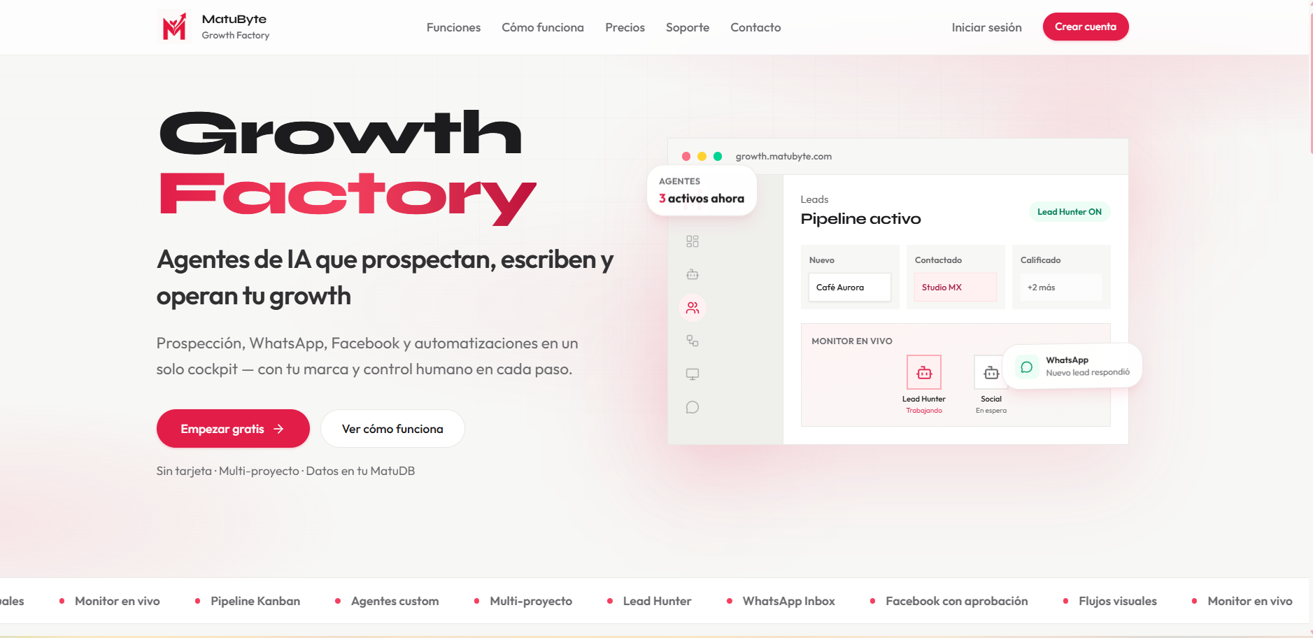 Dashboard de Growth Factory MatuByte con agentes de IA para leads y WhatsApp