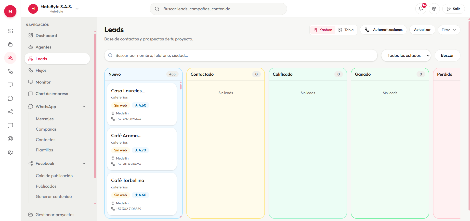 Pipeline Kanban y campañas de WhatsApp en Growth Factory MatuByte