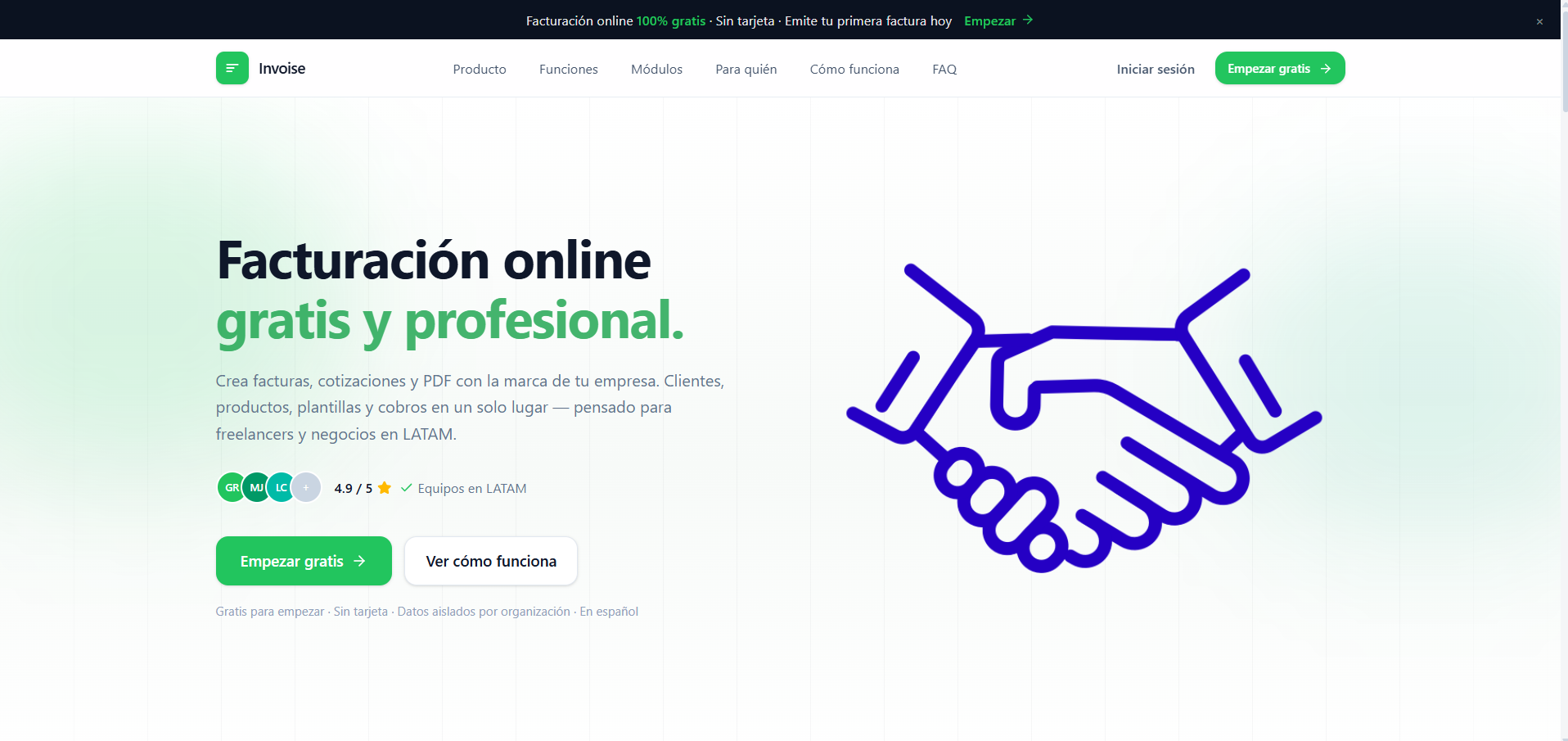 Invoise — Landing de facturación online gratis Página de inicio de Invoise MatuByte: facturación online gratis para freelancers y PyMEs en LATAM