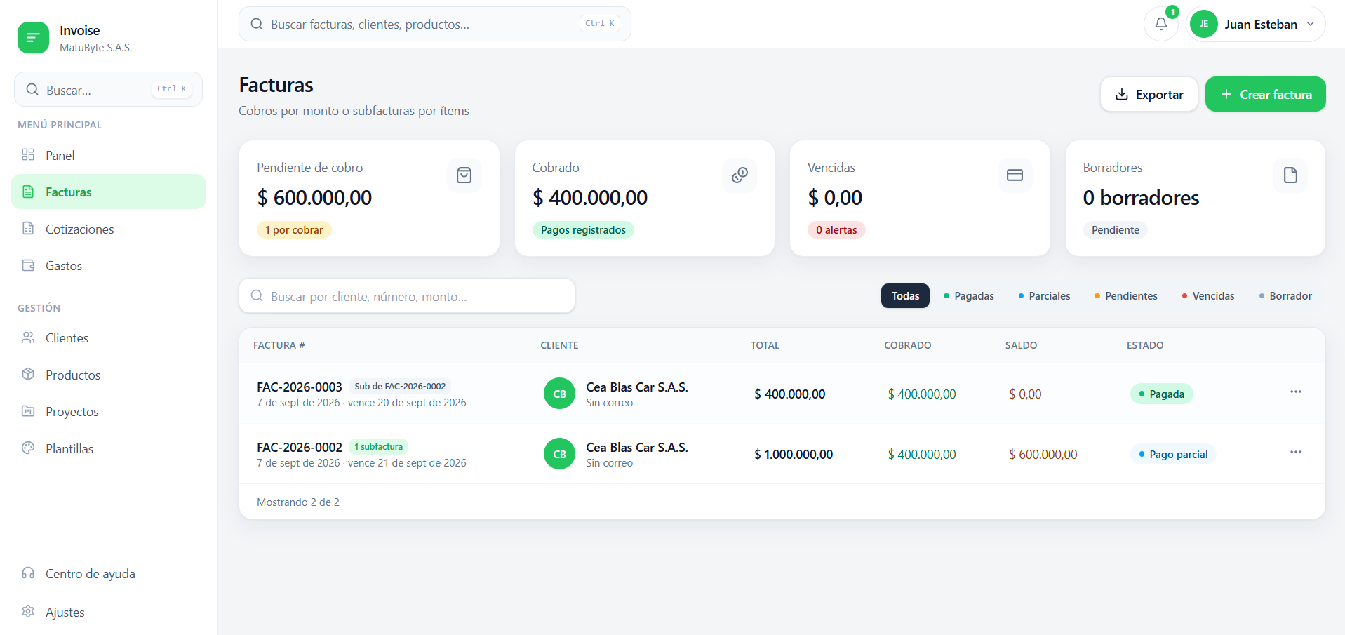 Invoise — Panel de facturas y cobros Dashboard de Invoise con listado de facturas, estados de cobro y filtros por pendiente, pagada o vencida