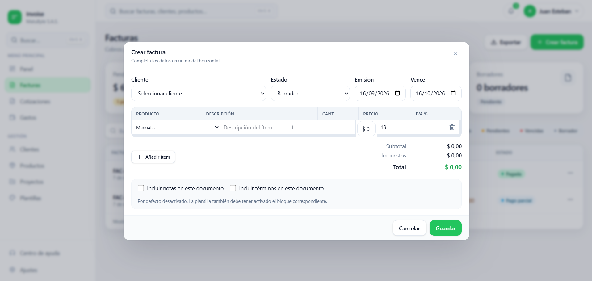 Invoise — Crear factura con ítems e IVA Modal de crear factura en Invoise con cliente, fechas, ítems, impuestos y total