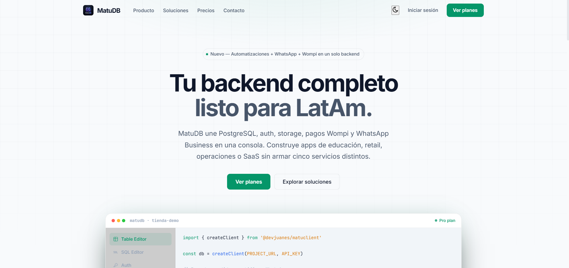 MatuDB — Backend PostgreSQL BaaS Captura de MatuDB, plataforma BaaS PostgreSQL de MatuByte