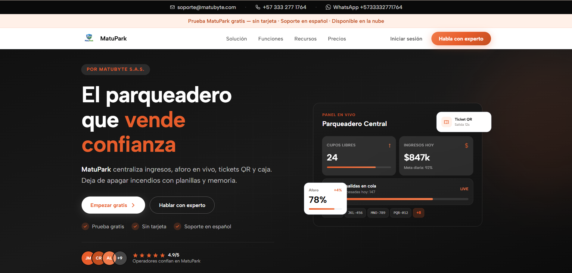 Parking (MatuPark) — Control de parqueaderos Dashboard de Parking MatuPark: entradas, salidas y tarifas en tiempo real